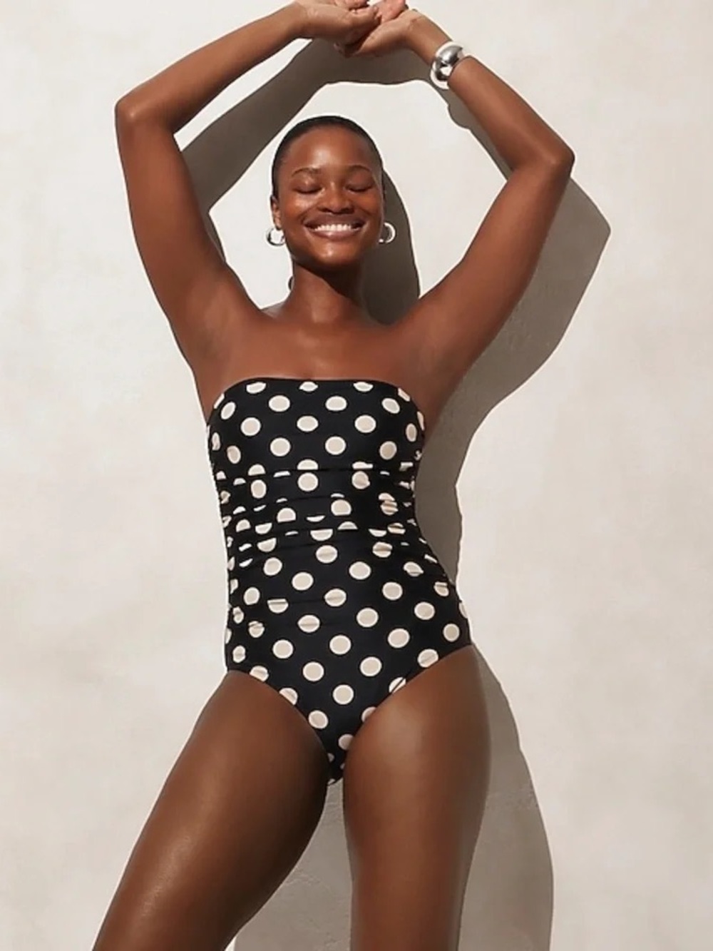 J. Crew Gemma Ruched Bandeau One Piece Swimsuit Dot Print Black Cream Size 10